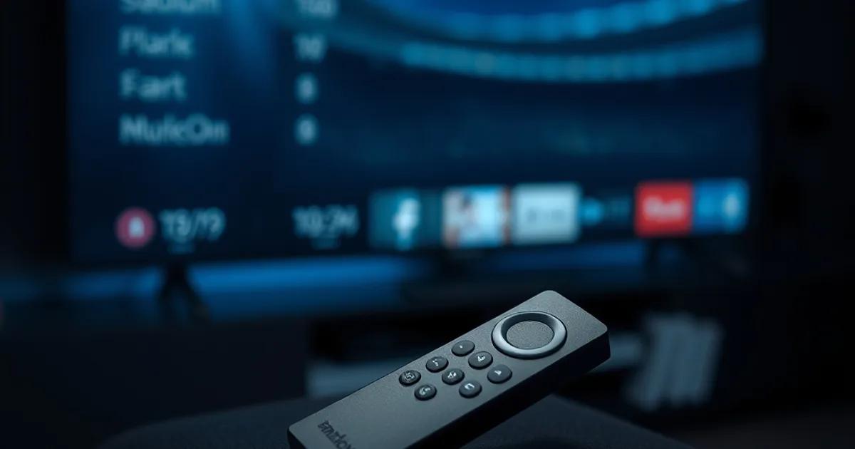 A Fire TV Stick remote on a dark armrest with a glowing programme-guide interface visible on a TV screen in the background