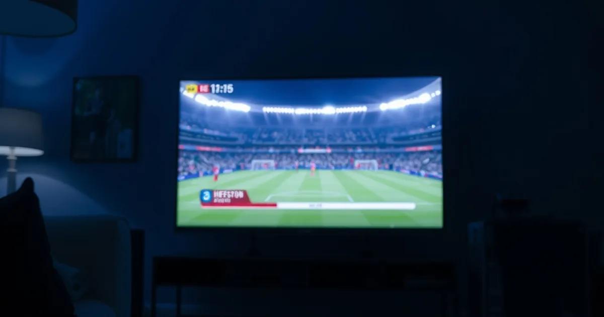 A dark UK living room lit by a TV mid-match, with a Firestick remote and Android streaming box on the table in front