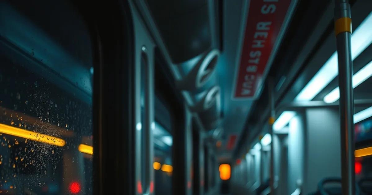 A commuter on a dark night train watching a football match glow from a smartphone screen, tunnel lights blurring past the window