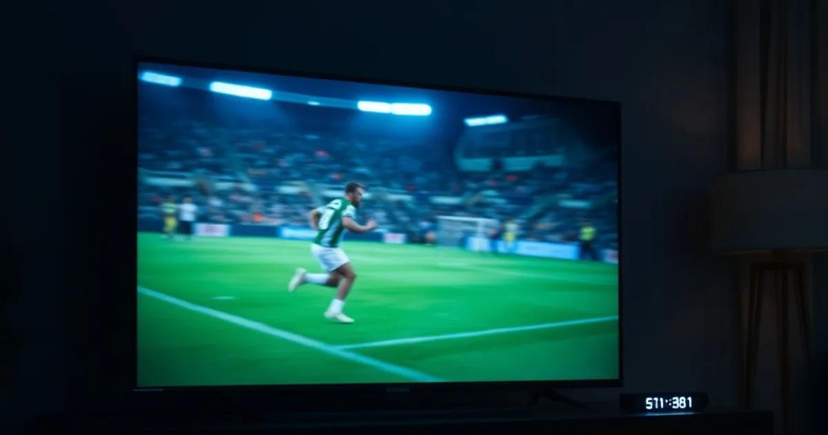 Dark living room at night with a TV showing a live football match, a streaming device and router glowing faintly in the background