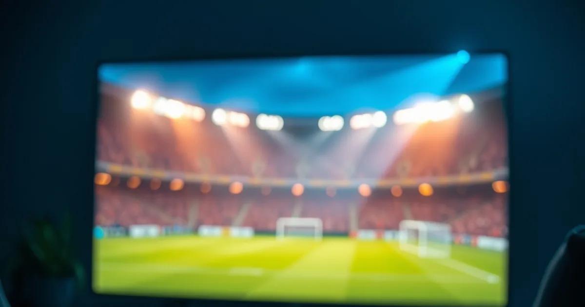 A dark living room at night lit by a glowing TV screen showing blurred floodlit football colours, with a streaming remote resting in the foreground