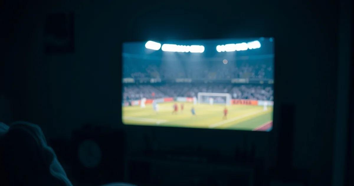 A dark living room at night lit by a television showing a blurred floodlit football match, with a smartphone glowing faintly on the armrest beside it.