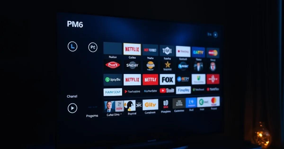 A smart TV in a dark room displaying a scrolling electronic program guide grid, football-night ambient lighting reflected on screen