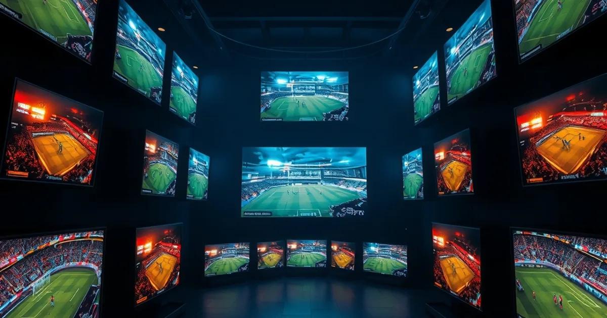 Dark room with multiple glowing screens each showing a different live football match, connected by faint light lines suggesting global broadcast feeds converging
