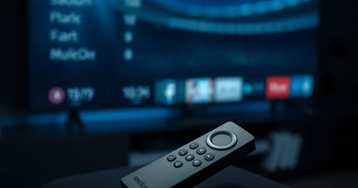 A Fire TV Stick remote on a dark armrest with a glowing programme-guide interface visible on a TV screen in the background