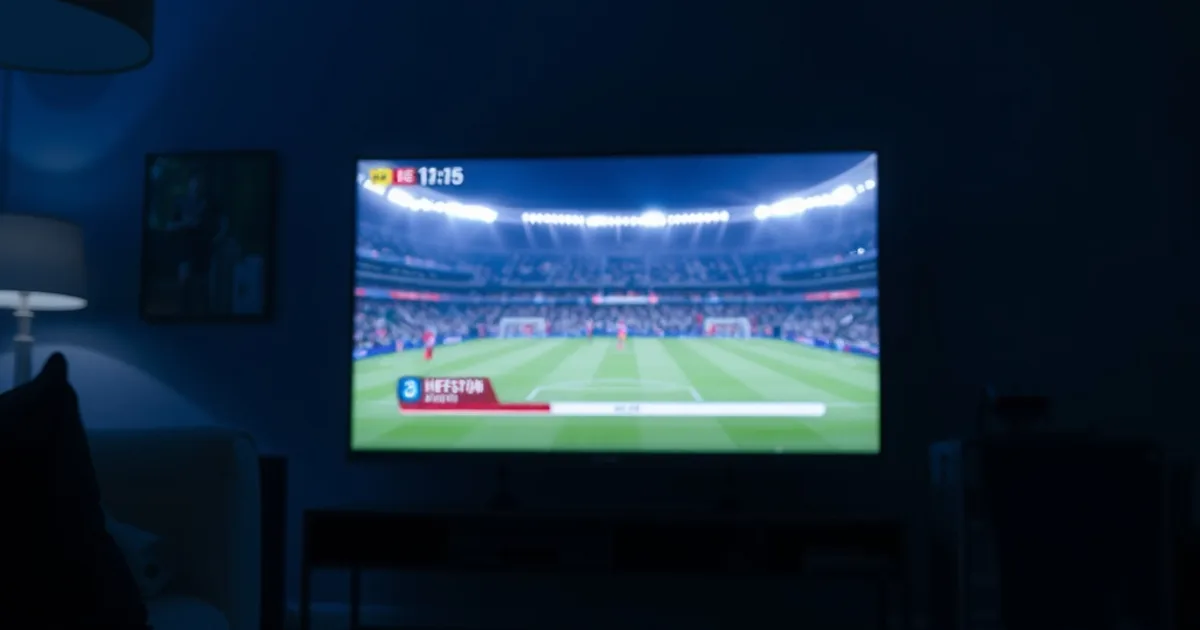 A dark UK living room lit by a TV mid-match, with a Firestick remote and Android streaming box on the table in front