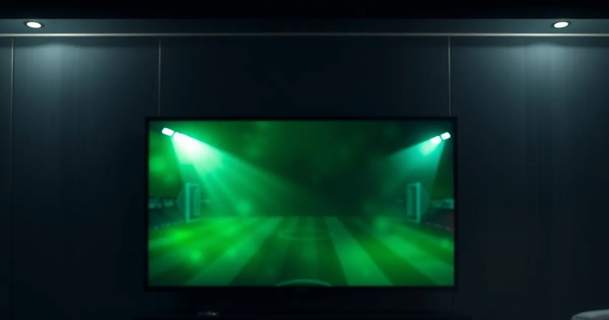 Dark living room at night with a wall-mounted TV glowing with an abstract green football pitch, streaming device visible on the console below