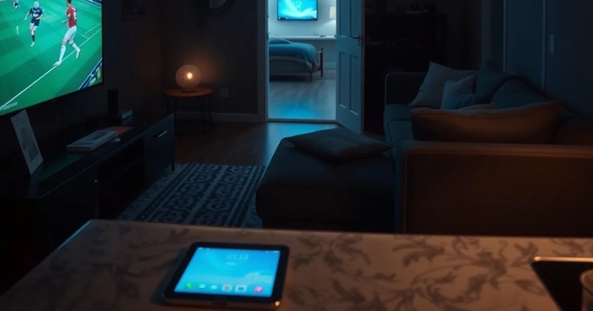 A dark home at night with three glowing screens visible across the living room, a bedroom and a phone on the counter, representing a family streaming across multiple devices