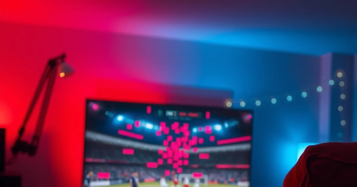 A football match frozen and glitching on a TV screen in a dark living room while a phone beside it shows a VPN switching servers