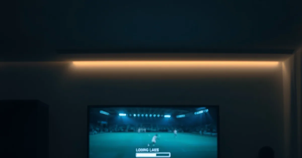 A dark living room lit by a TV showing a buffering live football match, streaming remote on the table in the foreground