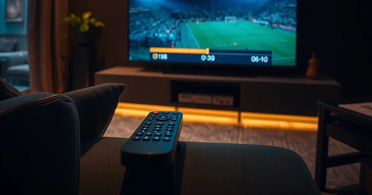 A dark living room at night lit only by a television paused on a football match replay, with a remote control resting nearby.