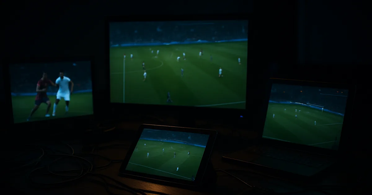 Multiple screens on a dark desk simultaneously streaming the same live football match to compare performance