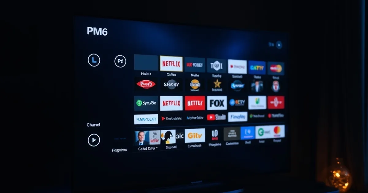 A smart TV in a dark room displaying a scrolling electronic program guide grid, football-night ambient lighting reflected on screen