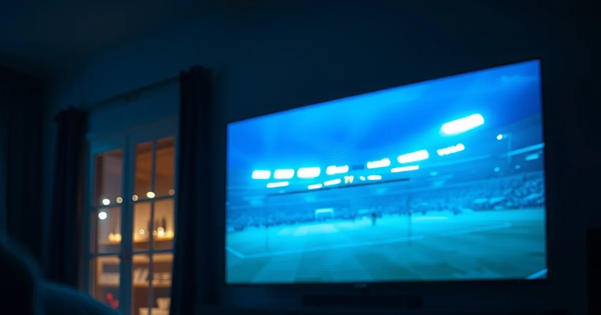 A television glowing in a dark room shows a live football match frozen mid-play with a digital glitch distortion across the screen, a remote control resting nearby.