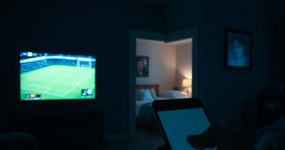 A darkened British home at night with a football match glowing on a living room TV, a tablet glowing in a bedroom beyond, and a phone screen glowing in the foreground, three devices lit at once