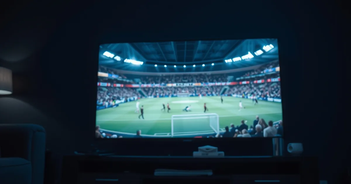 A dim UK living room at night with a football match glowing on a wall-mounted TV, a satellite remote pushed aside beside a small streaming device on the coffee table