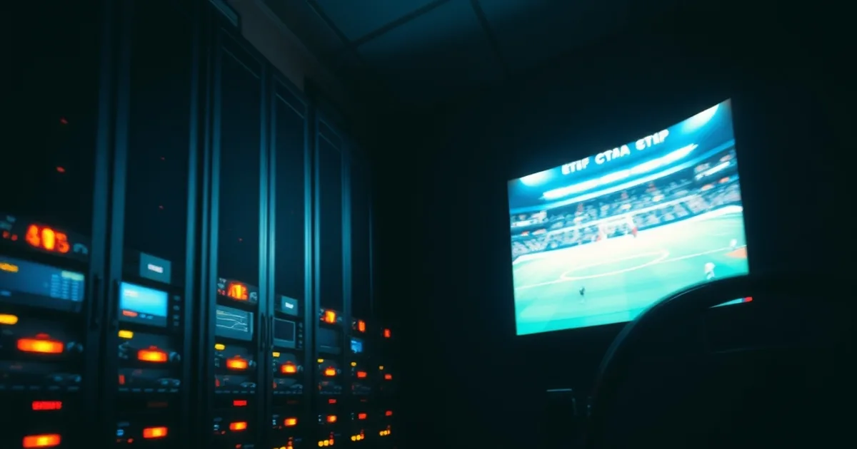 Dark server racks glowing beside a live football broadcast screen, symbolizing peak-hour infrastructure strain during a match