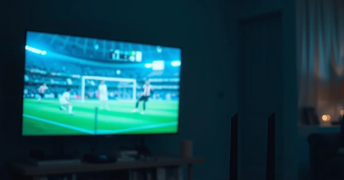 A dark living room where a wall-mounted TV shows a football match freezing into pixelated blocks while a router's lights flicker red on a nearby shelf.