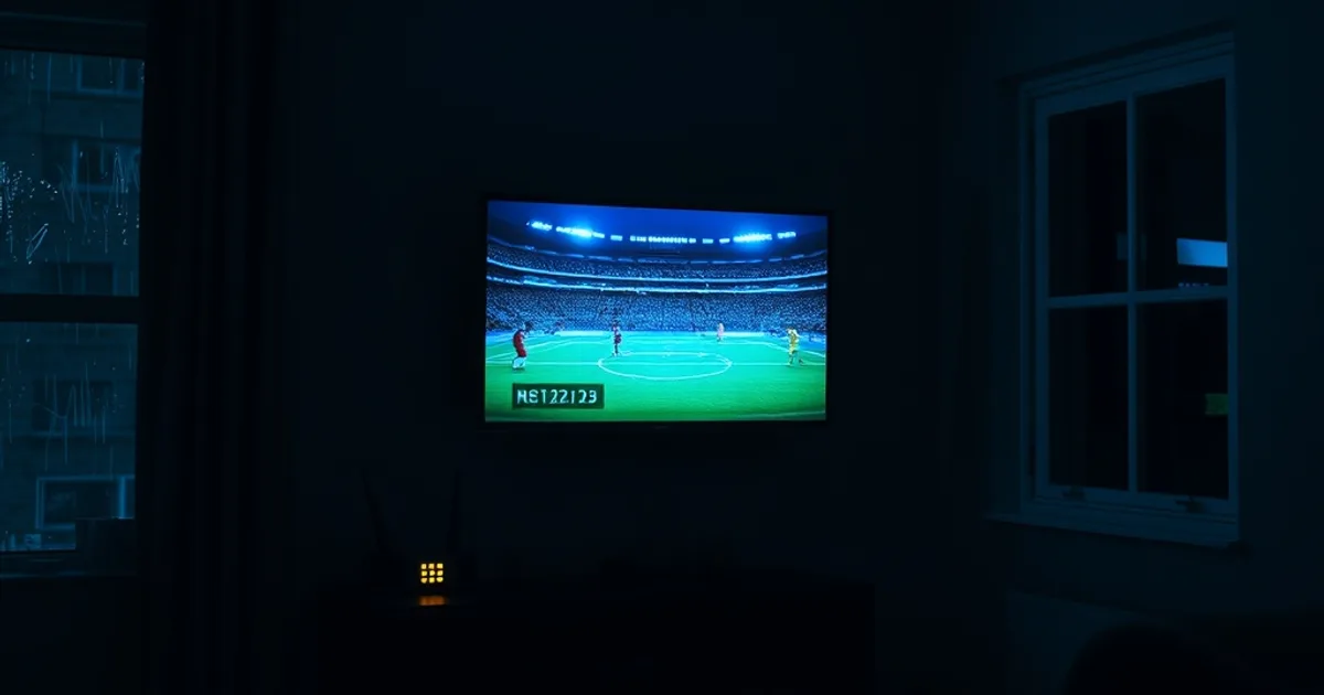 A dark UK living room at night with a football match glowing on a wall-mounted TV and a router blinking nearby, faint lines of light suggesting network data flowing toward the screen